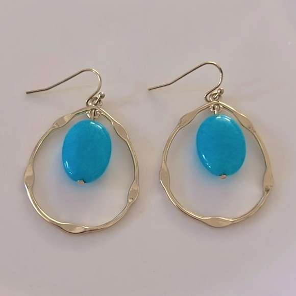 Blue Stone Gold Hoop Dangle Earrings - Picture 4 of 4